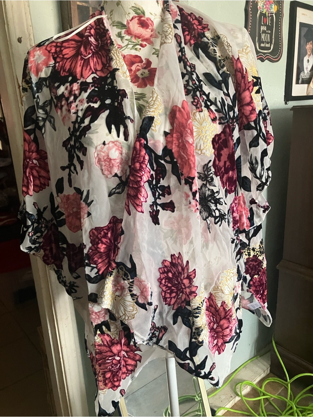 Sheer Floral Kimono Tunic in White and Burgundy - Women’s Layering Top